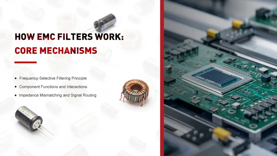 The image depicts various electrical circuit components, including inductors and capacitors, strategically arranged on a circuit board designed for electronic devices.